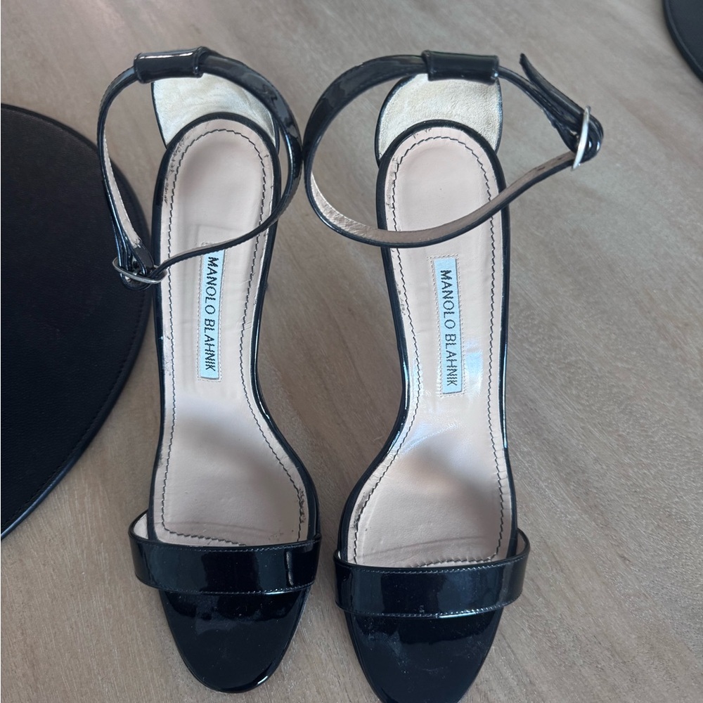 Manolo Blahnik Black Patent Leather Ankle-Strap Sandals